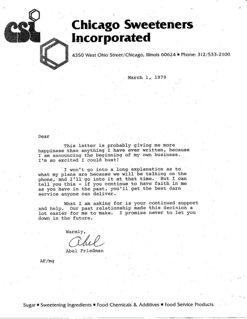 Letter from Batory Foods' founder, Abel Friedman