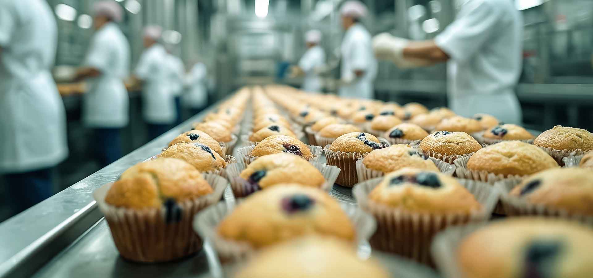 Muffins moving through a commercial bakery production line.